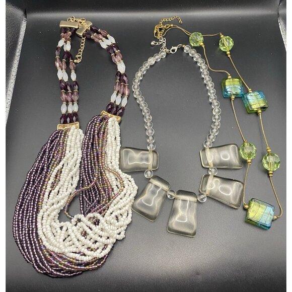 Lot of 3 Boho Statement Necklaces Multistrand Seed Beads Acrylic Bib Art Glass - Picture 5 of 13